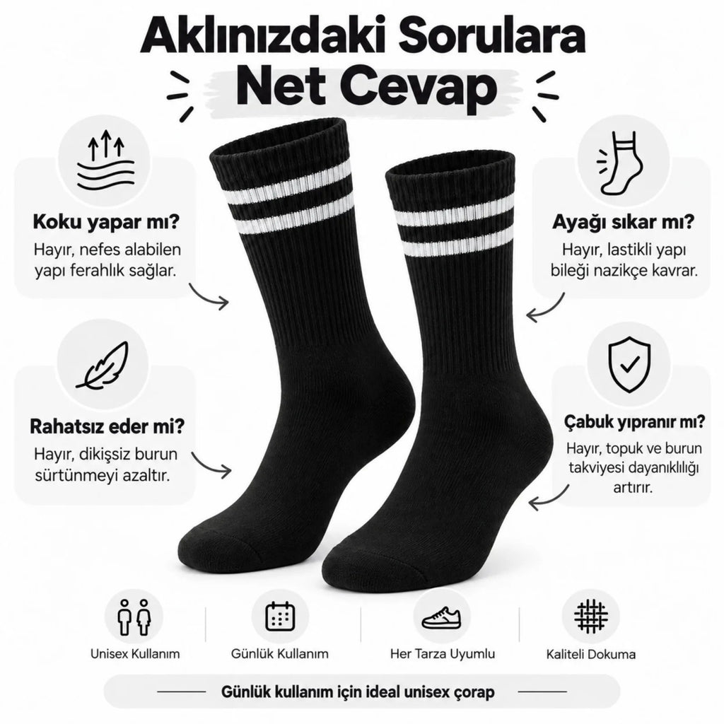 Unisex Siyah Çorap Beyaz Çizgili 6'lı Set Uzun Soket Günlük Spor Kolej Stil Rahat Şık Tasarım Modeli