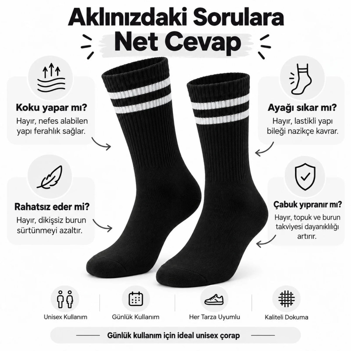 Unisex Siyah Çorap Beyaz Çizgili 6'lı Set Uzun Soket Günlük Spor Kolej Stil Rahat Şık Tasarım Modeli