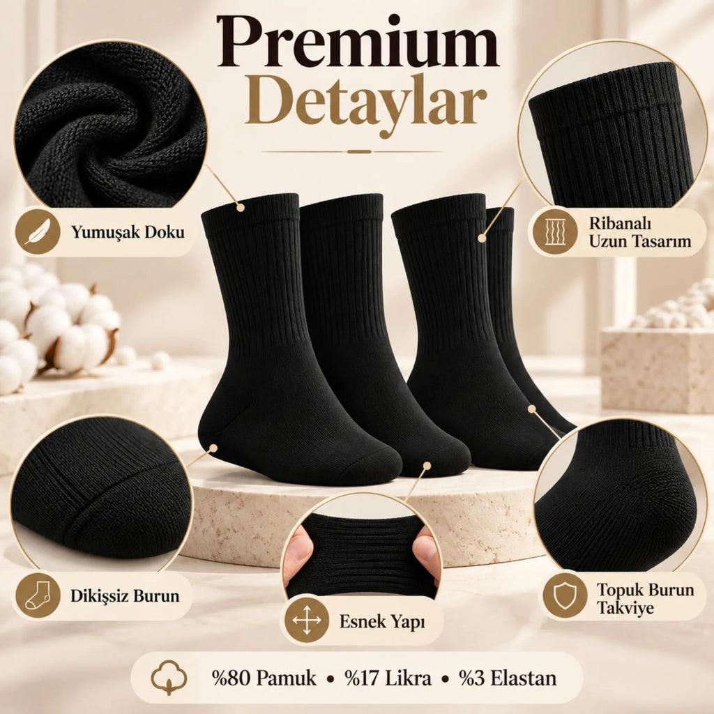 Unisex Siyah Soket Çorap 12'li Set Düz Basic Ribanalı Günlük Spor Esnek Rahat Uzun Çorap Konforlu Set