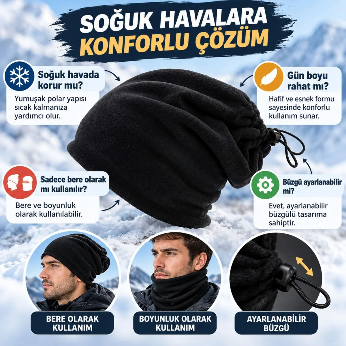 Unisex Polar Bere Boyunluk 2 Adet Seti 2'si 1 Arada Büzgülü Sıcak Tutan Kışlık Siyah Günlük Konforlu