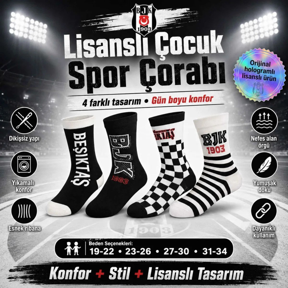 Beşiktaş Lisanslı Çocuk Çorabı 4’lü Set – Siyah Beyaz BJK Taraftar Spor Çorabı, 19-34 Numara