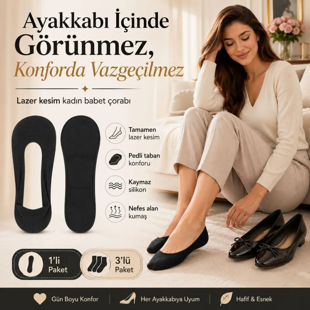 Kadın Pedli Lazer Kesim Görünmez Babet Çorabı 1’li ve 3’lü Paket – Kaymaz Silikonlu Siyah ve Bej