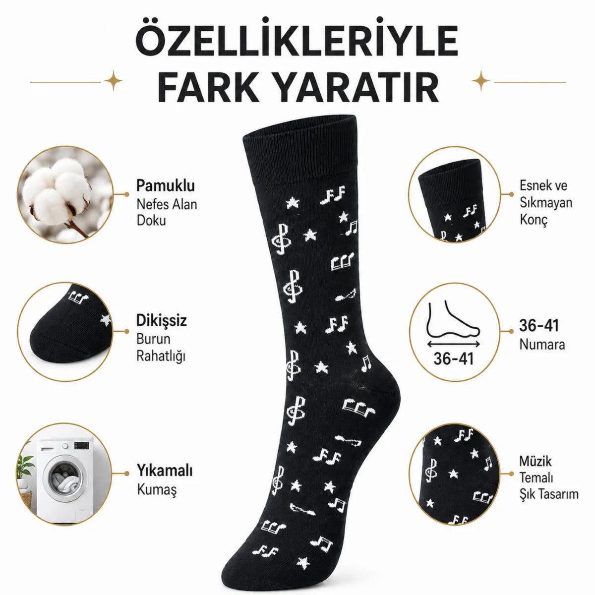 Kadın Müzik Notalı Soket Çorap 36-40 | Pamuklu Dikişsiz Burun Siyah Beyaz Uzun Konç