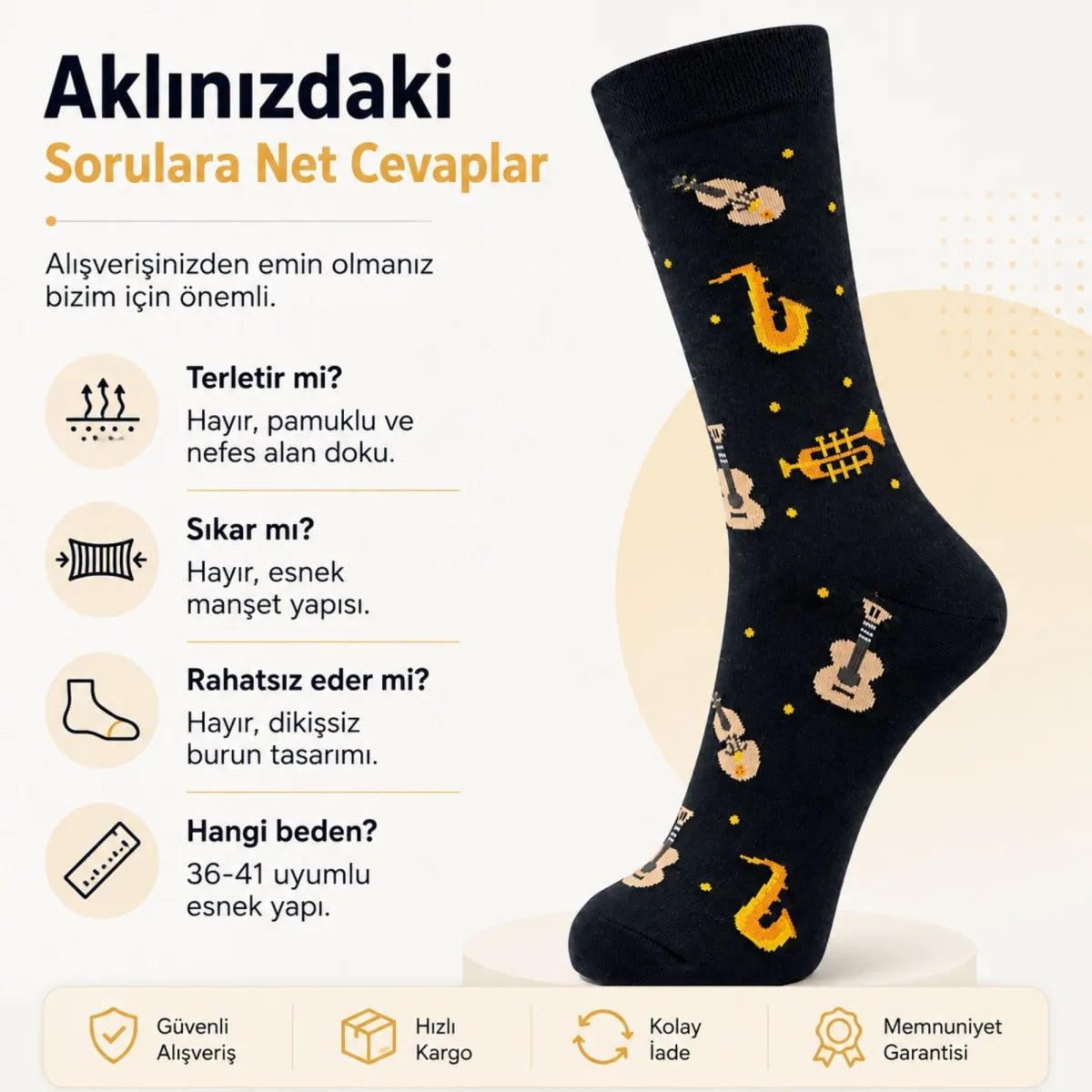 Kadın Müzik Enstrüman Desenli Soket Çorap 36-40 | Pamuklu Dikişsiz Siyah Uzun Konç Hediyelik