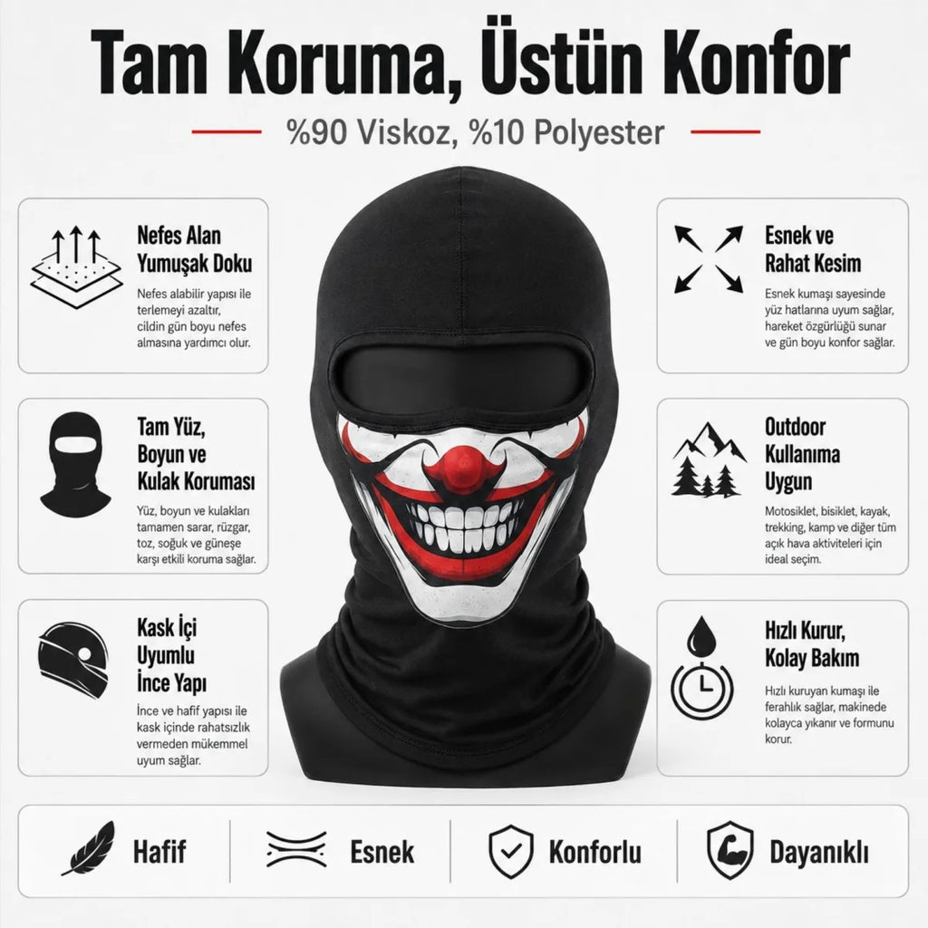 Unisex Palyaço Baskılı Balaklava Maske 1 Adet Tek Beden Viskoz Kask İçi Outdoor Motosiklet Maskesi