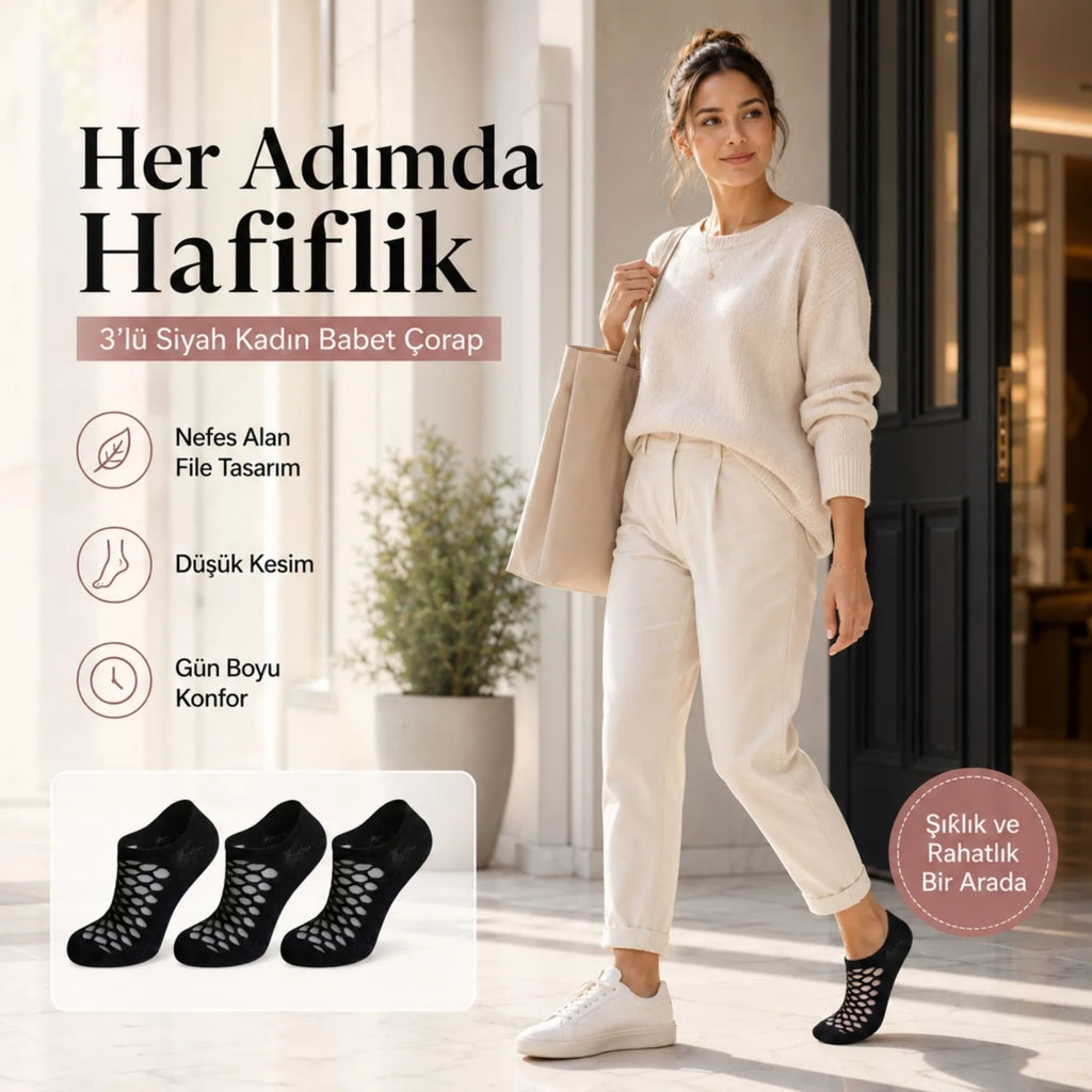 3’lü Kadın Siyah File Babet Çorap Düşük Kesim İnce Esnek Nefes Alan Görünmez Çorap Seti