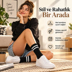 Unisex Siyah Çorap Beyaz Çizgili 6'lı Set Uzun Soket Günlük Spor Kolej Stil Rahat Şık Tasarım Modeli