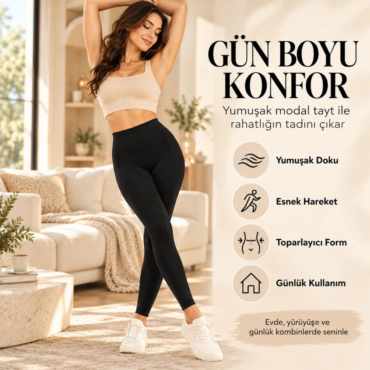Kadın Toparlayıcı Siyah Modal 3'lü Tayt Yüksek Bel Esnek Rahat Günlük Spor Vücut Şekillendirici Tayt