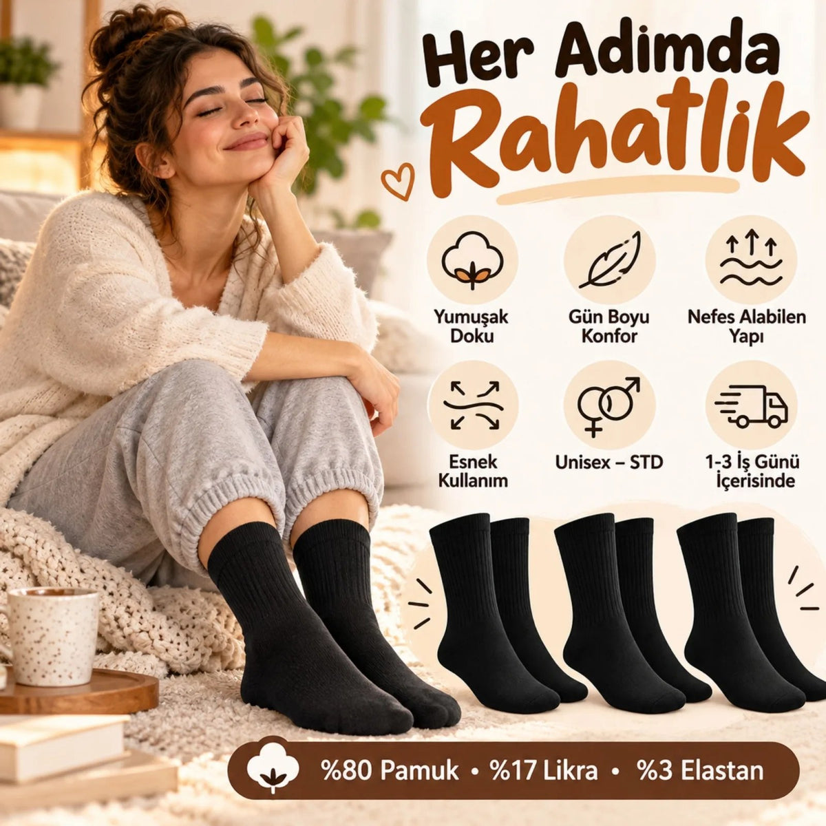 Unisex Siyah Soket Çorap 6'lı Set Düz Basic Ribanalı Günlük Spor Esnek Rahat Uzun Çorap Konforlu Set