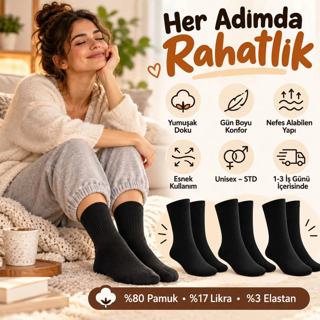 Unisex Siyah Soket Çorap 12'li Set Düz Basic Ribanalı Günlük Spor Esnek Rahat Uzun Çorap Konforlu Set