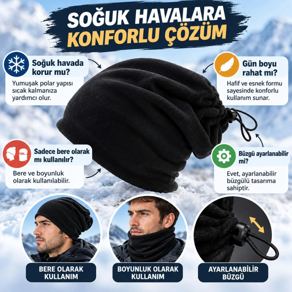 Unisex Polar Bere Boyunluk 2'si 1 Arada Ayarlanabilir Büzgülü Sıcak Tutan Kışlık Siyah Günlük Konfor