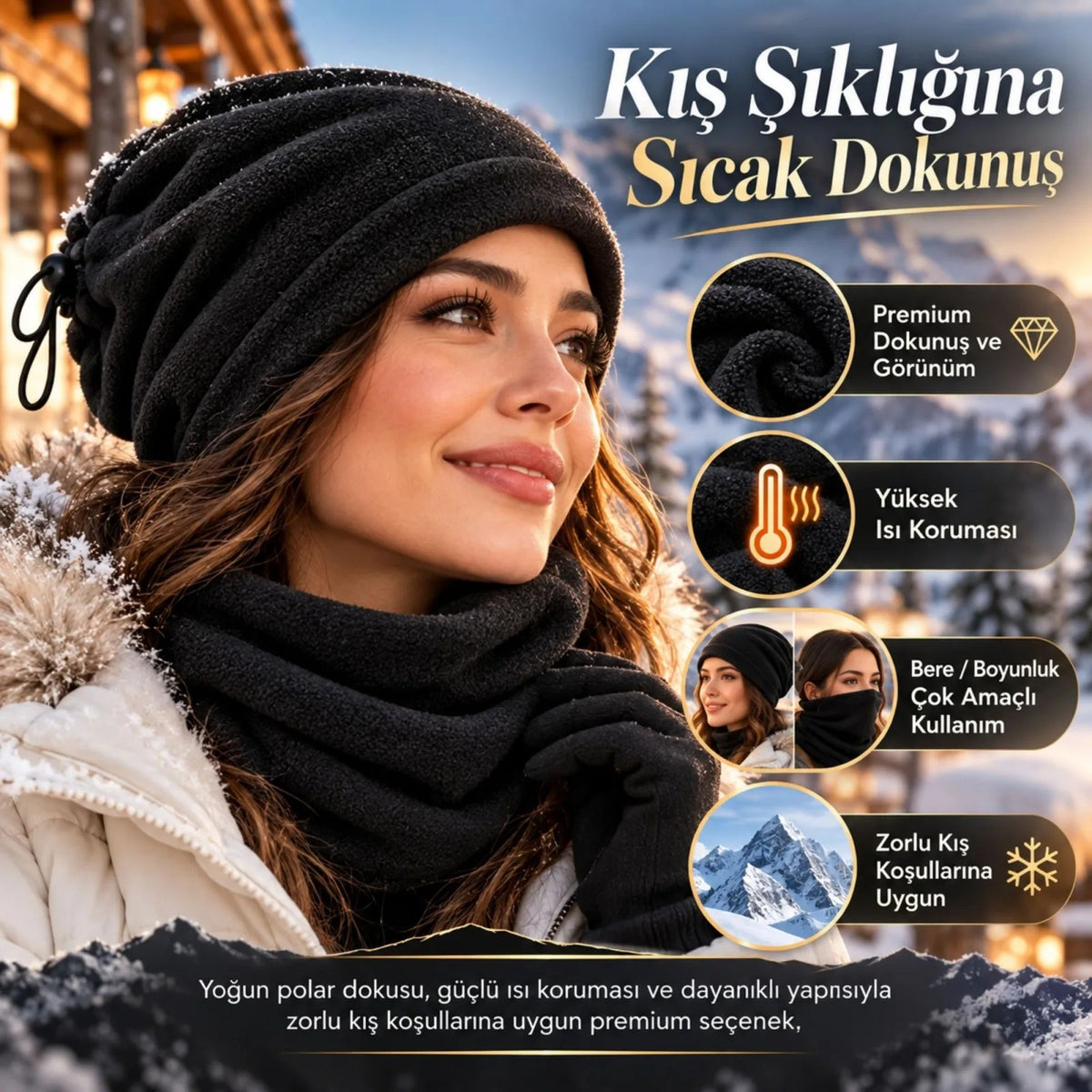 Unisex Premium Polar Bere Boyunluk 2 Adet Set 2'si 1 Arada Sıcak Tutan Rüzgar Korumalı Outdoor Siyah