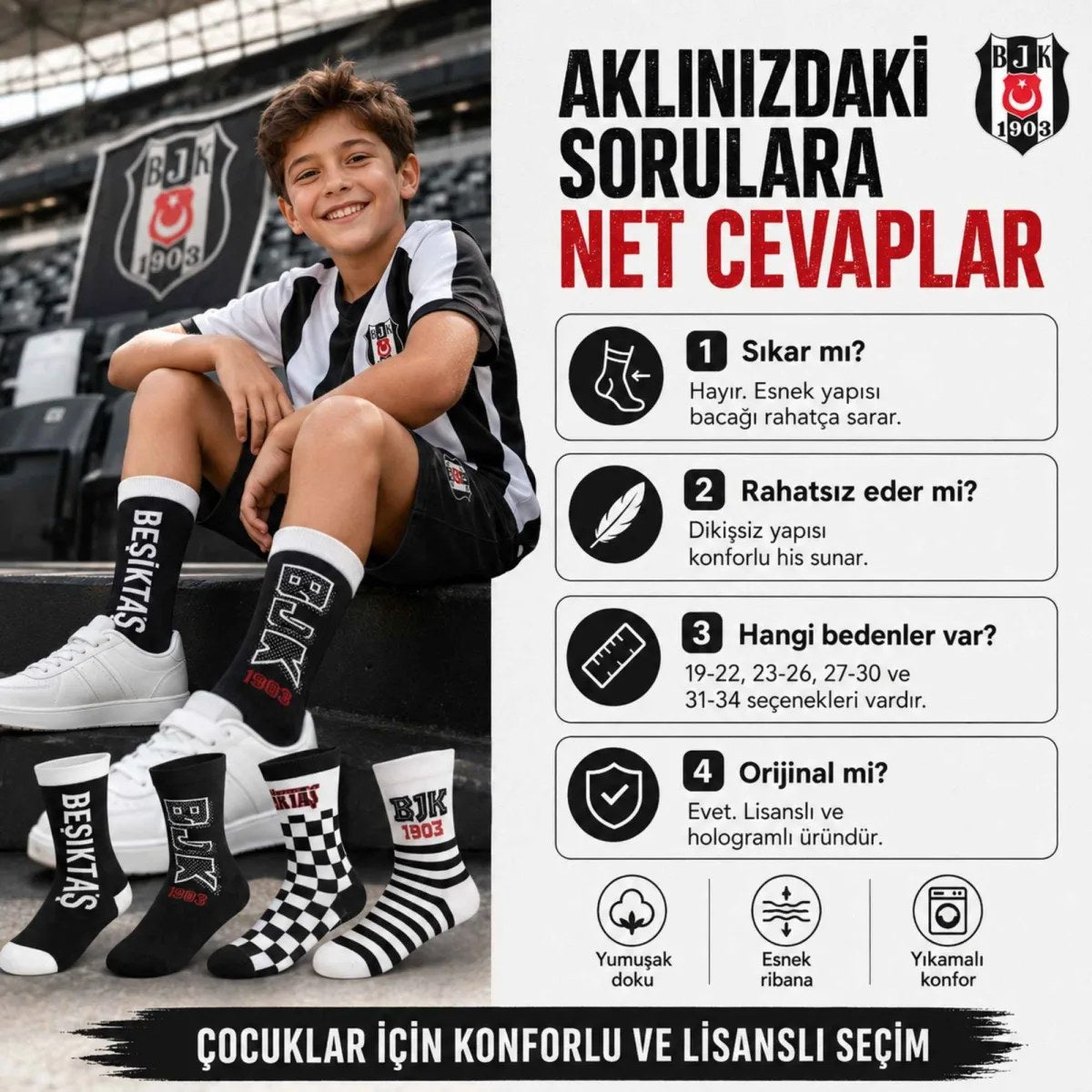 Beşiktaş Lisanslı Çocuk Çorabı 4’lü Set – Siyah Beyaz BJK Taraftar Spor Çorabı, 19-34 Numara