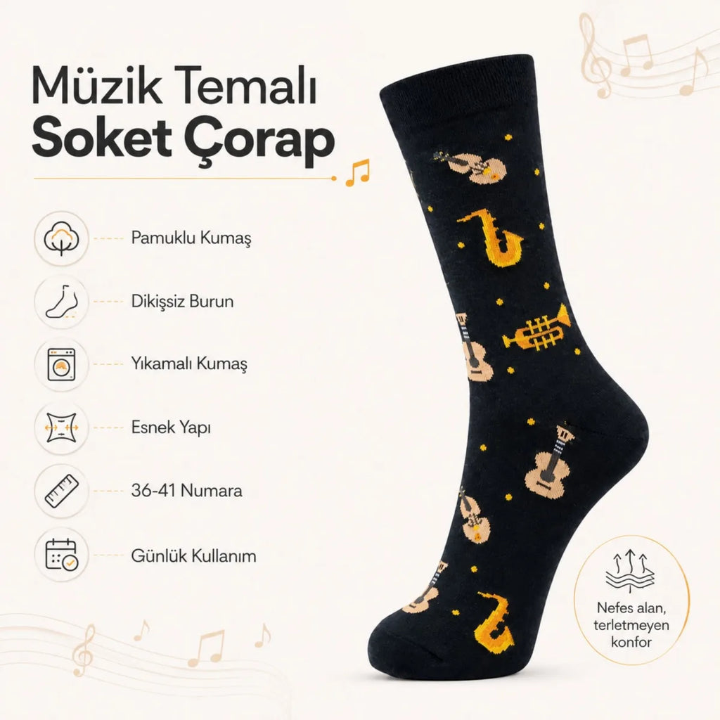 Kadın Müzik Enstrüman Desenli Soket Çorap 36-40 | Pamuklu Dikişsiz Siyah Uzun Konç Hediyelik