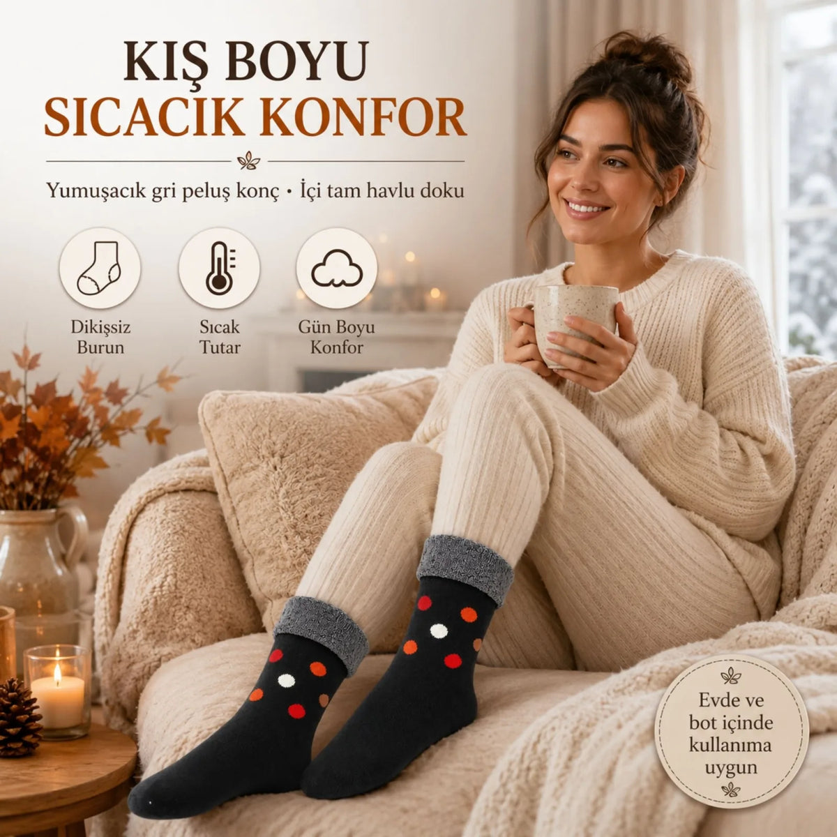 6’lı Kadın Kışlık Havlu Çorap Sıcak Tutan Karışık Desenli Yumuşak Çoklu Çorap Seti