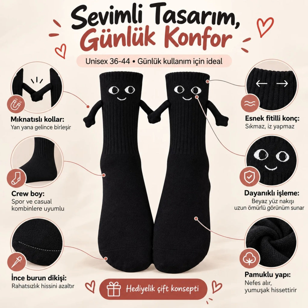 Mıknatıslı El Ele Unisex Tutuşan Sevimli Çorap 36-44 | Çift Hediyesi, Pamuklu Renkli Crew Model
