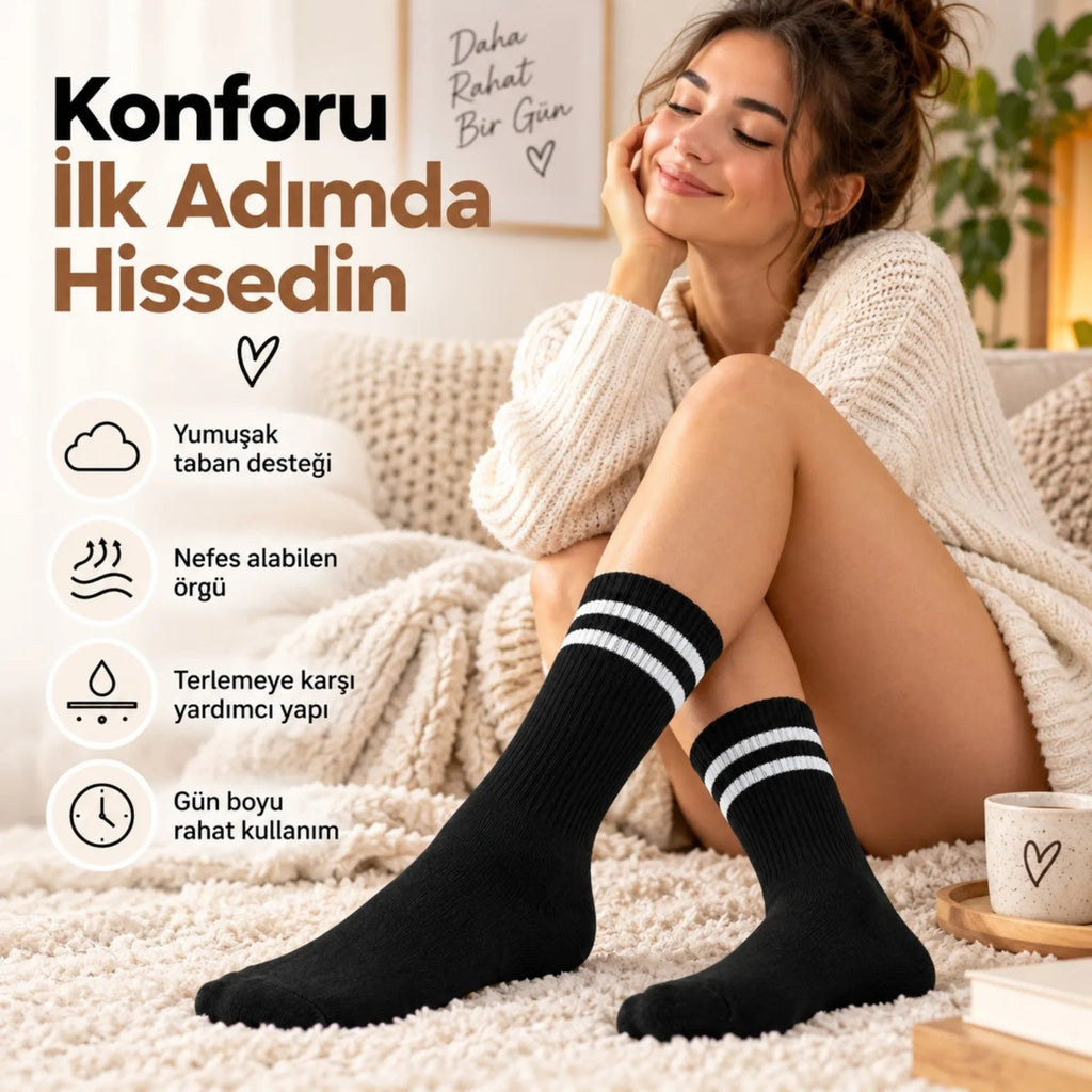Unisex Beyaz Çorap Siyah Çizgili 12'li Set Uzun Soket Günlük Spor Kolej Stil Kadın Erkek Çorabı