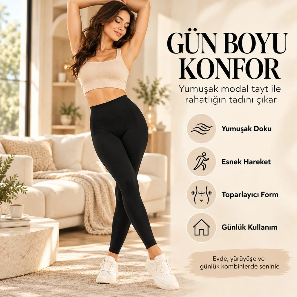 Kadın Toparlayıcı Siyah Modal Tayt Yüksek Bel Esnek Rahat Günlük Spor Vücut Şekillendirici Tayt Slim