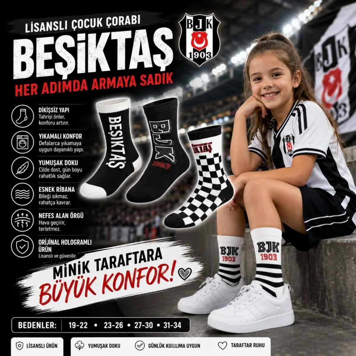 Beşiktaş Lisanslı Çocuk Çorabı 4’lü Set – Siyah Beyaz BJK Taraftar Spor Çorabı, 19-34 Numara