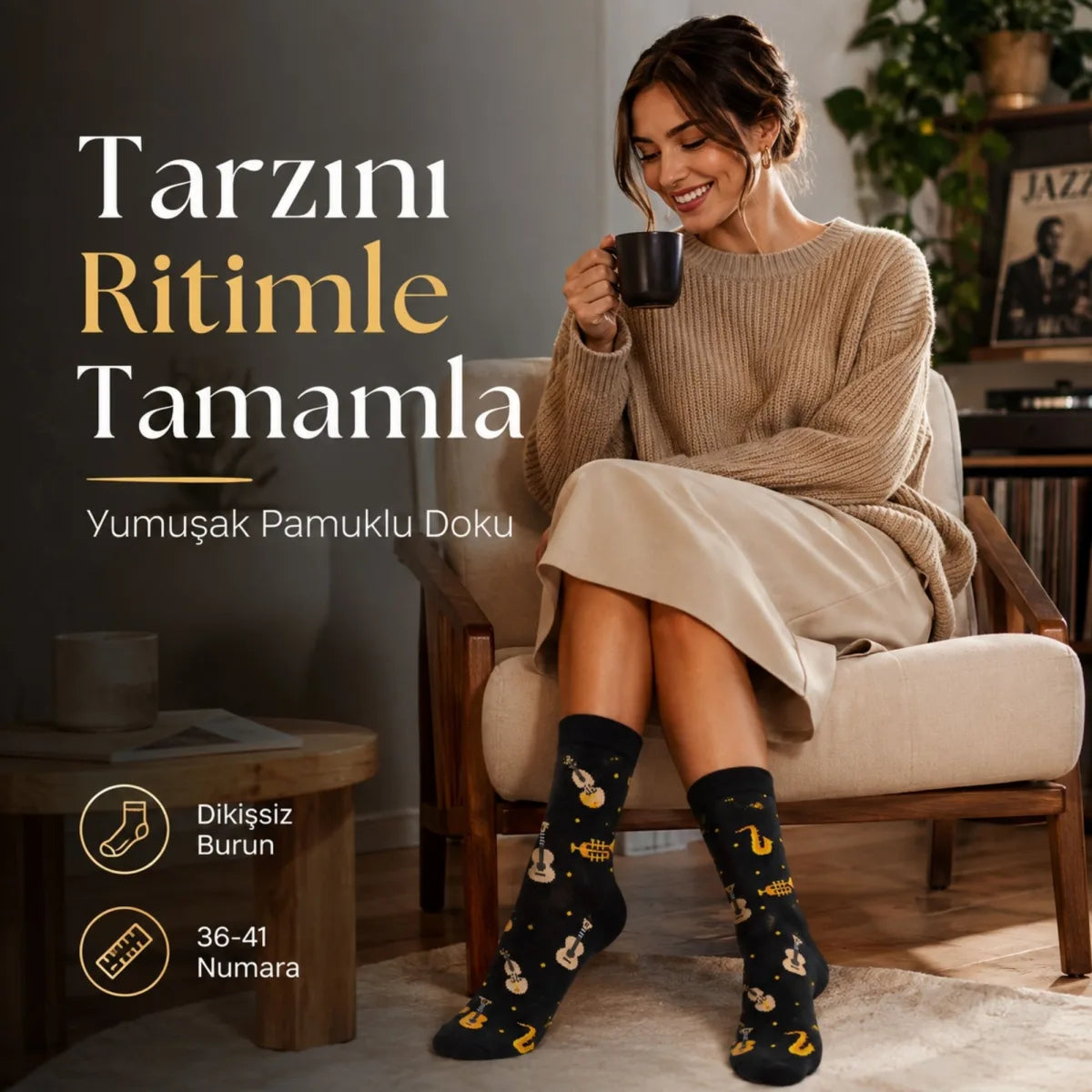 Kadın Müzik Enstrüman Desenli Soket Çorap 36-40 | Pamuklu Dikişsiz Siyah Uzun Konç Hediyelik