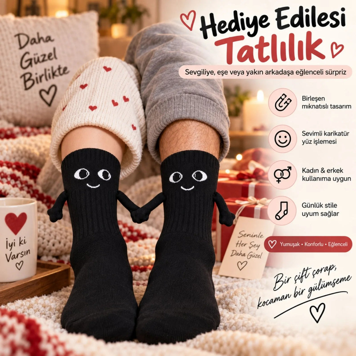 Mıknatıslı El Ele Unisex Tutuşan Sevimli Çorap 36-44 | Çift Hediyesi, Pamuklu Renkli Crew Model