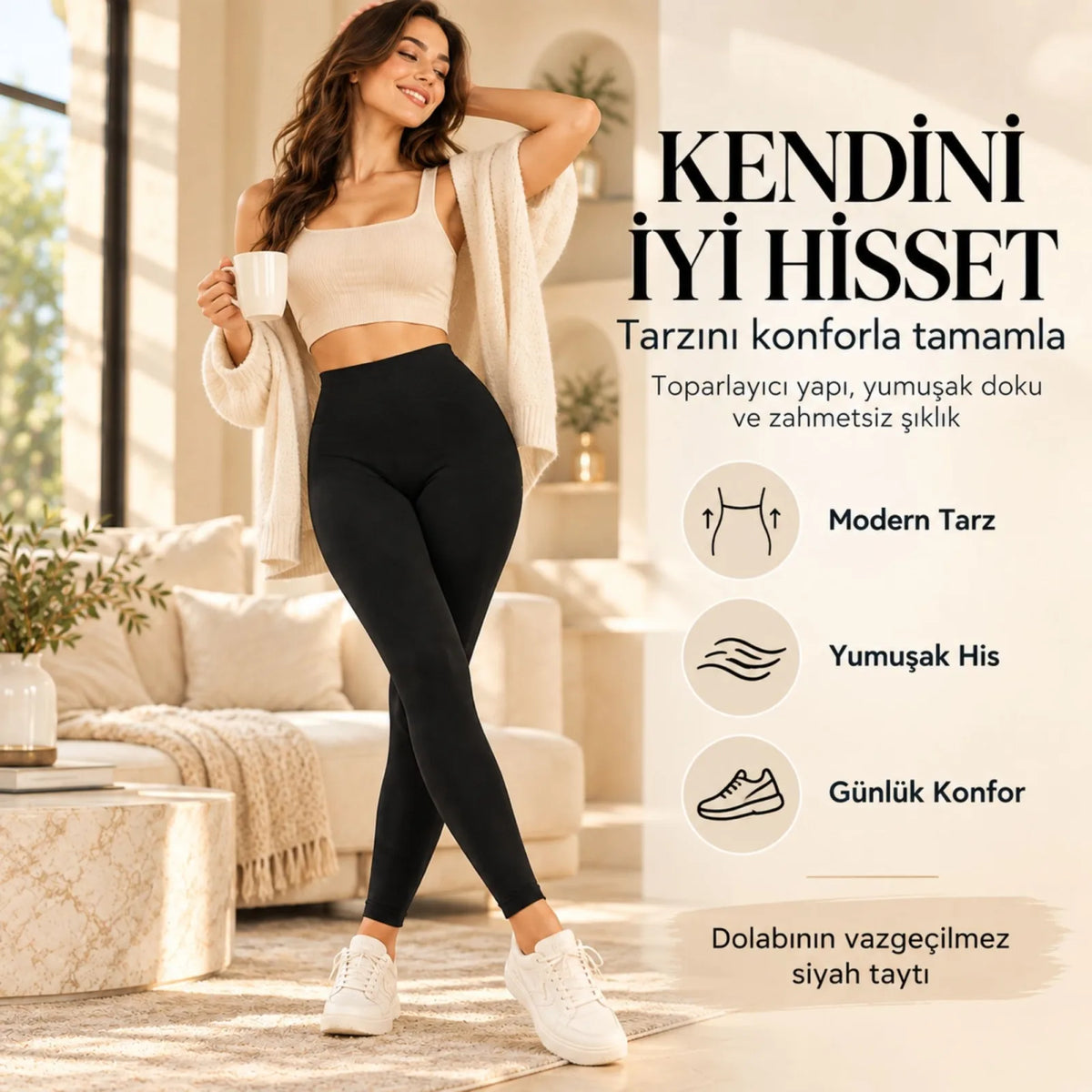 Kadın Toparlayıcı Siyah Modal Tayt Yüksek Bel Esnek Rahat Günlük Spor Vücut Şekillendirici Tayt Slim