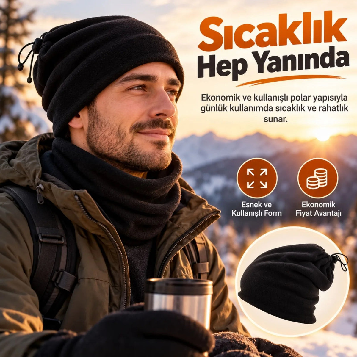 Unisex Polar Bere Boyunluk 2'si 1 Arada Ayarlanabilir Büzgülü Sıcak Tutan Kışlık Siyah Günlük Konfor
