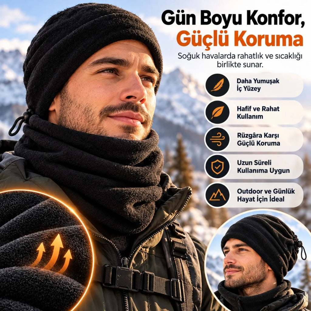 Unisex Premium Polar Bere Boyunluk 2'si 1 Arada Sıcak Tutan Rüzgar Korumalı Outdoor Kışlık Siyah Şık