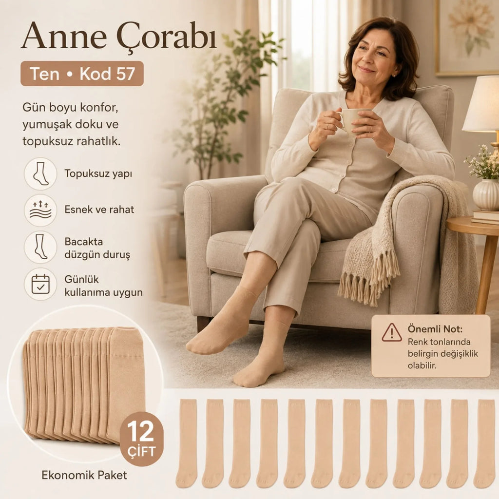 Kadın 70 Denye Kalın Anne Çorabı 12'li | Dizaltı Topuksuz Esnek, Ten Siyah Bronz Vizon