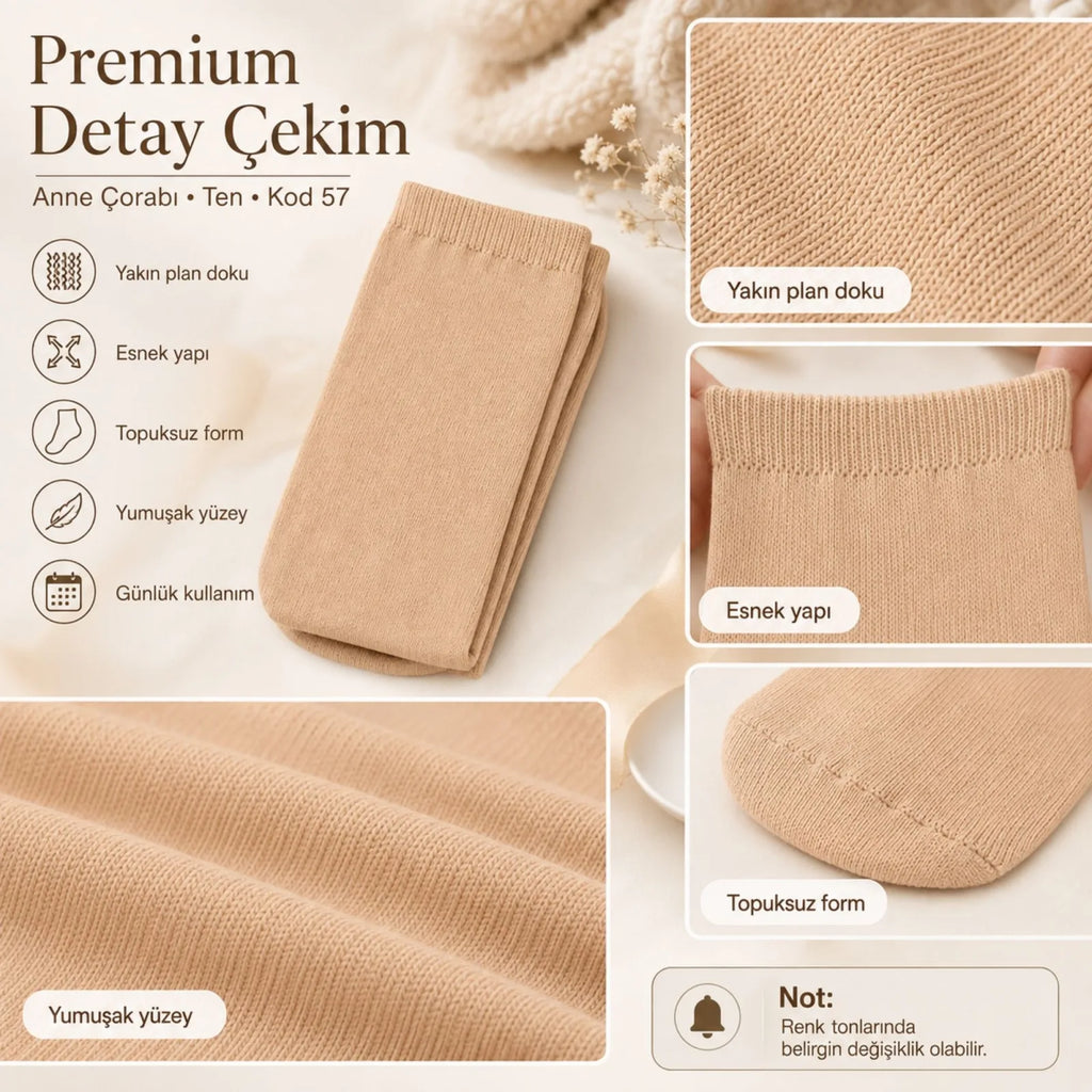 Kadın 40 Denye 12'li İnce Anne Çorabı Dizaltı Topuksuz Esnek Günlük Kullanım Çorabı Ten Siyah Bronz Vizon