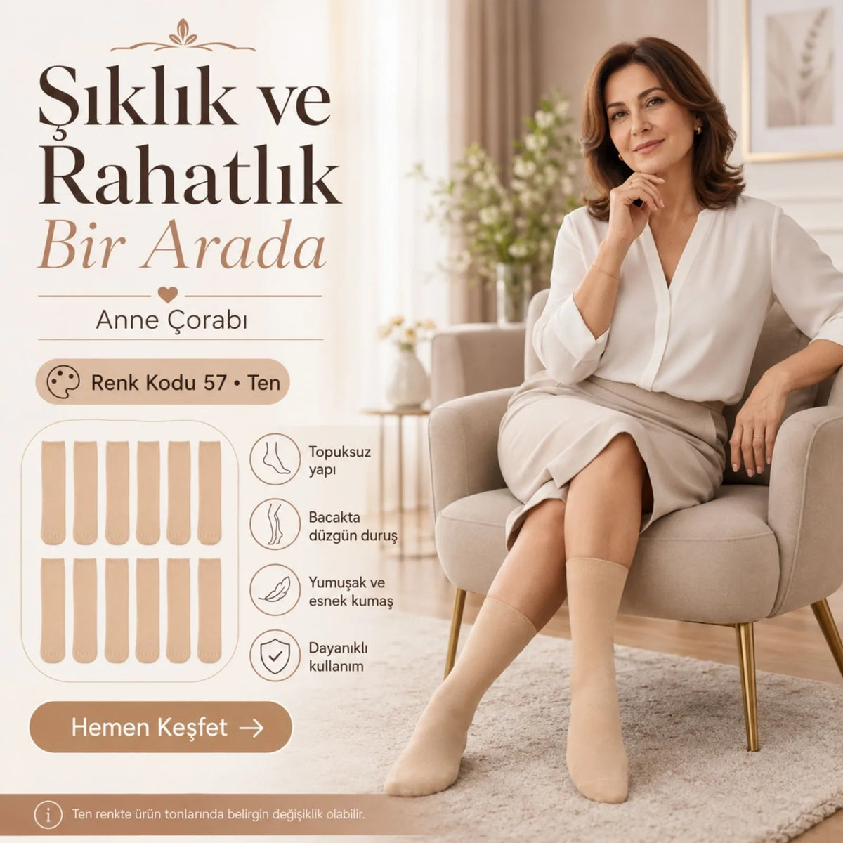 Kadın 40 Denye 12'li İnce Anne Çorabı Dizaltı Topuksuz Esnek Günlük Kullanım Çorabı Ten Siyah Bronz Vizon