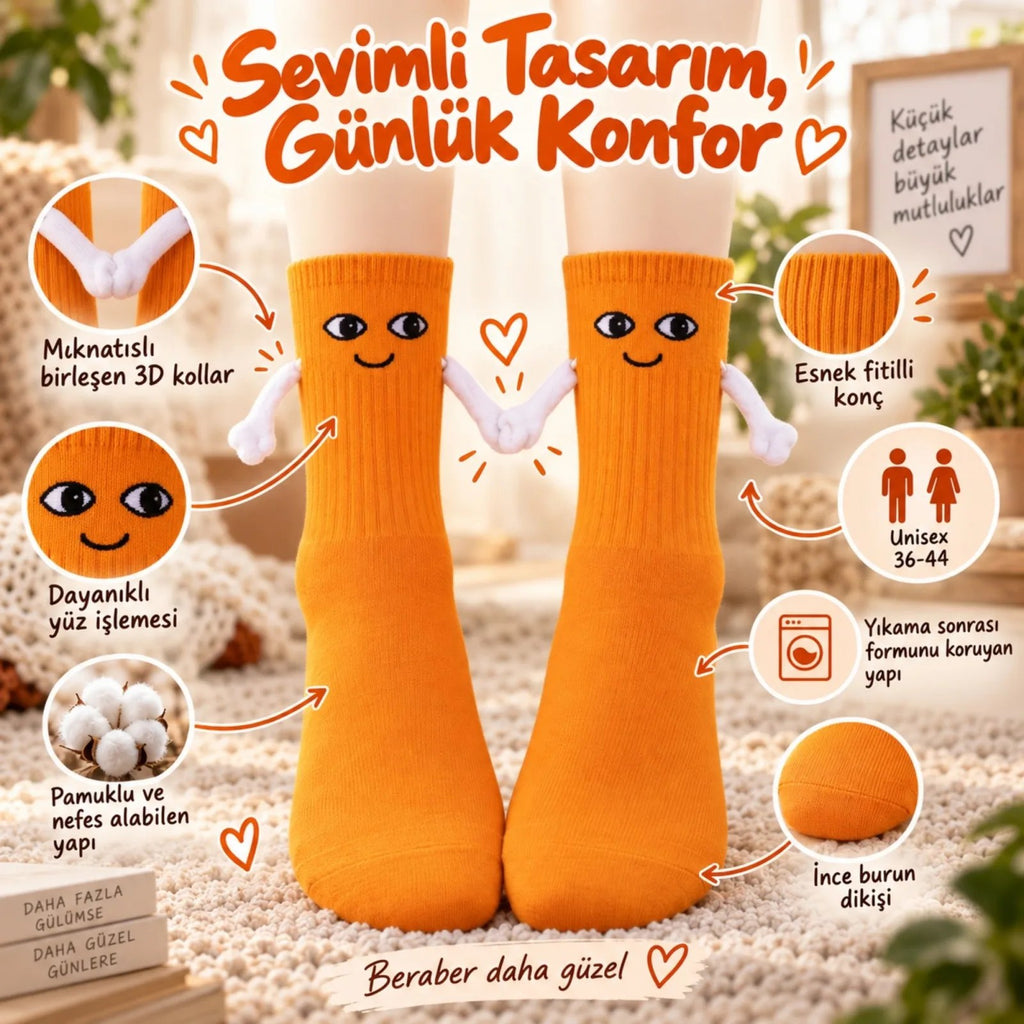 Mıknatıslı El Ele 2'li Unisex Tutuşan Sevimli Çorap 36-44 | Çift Hediyesi, Pamuklu Renkli Crew Model