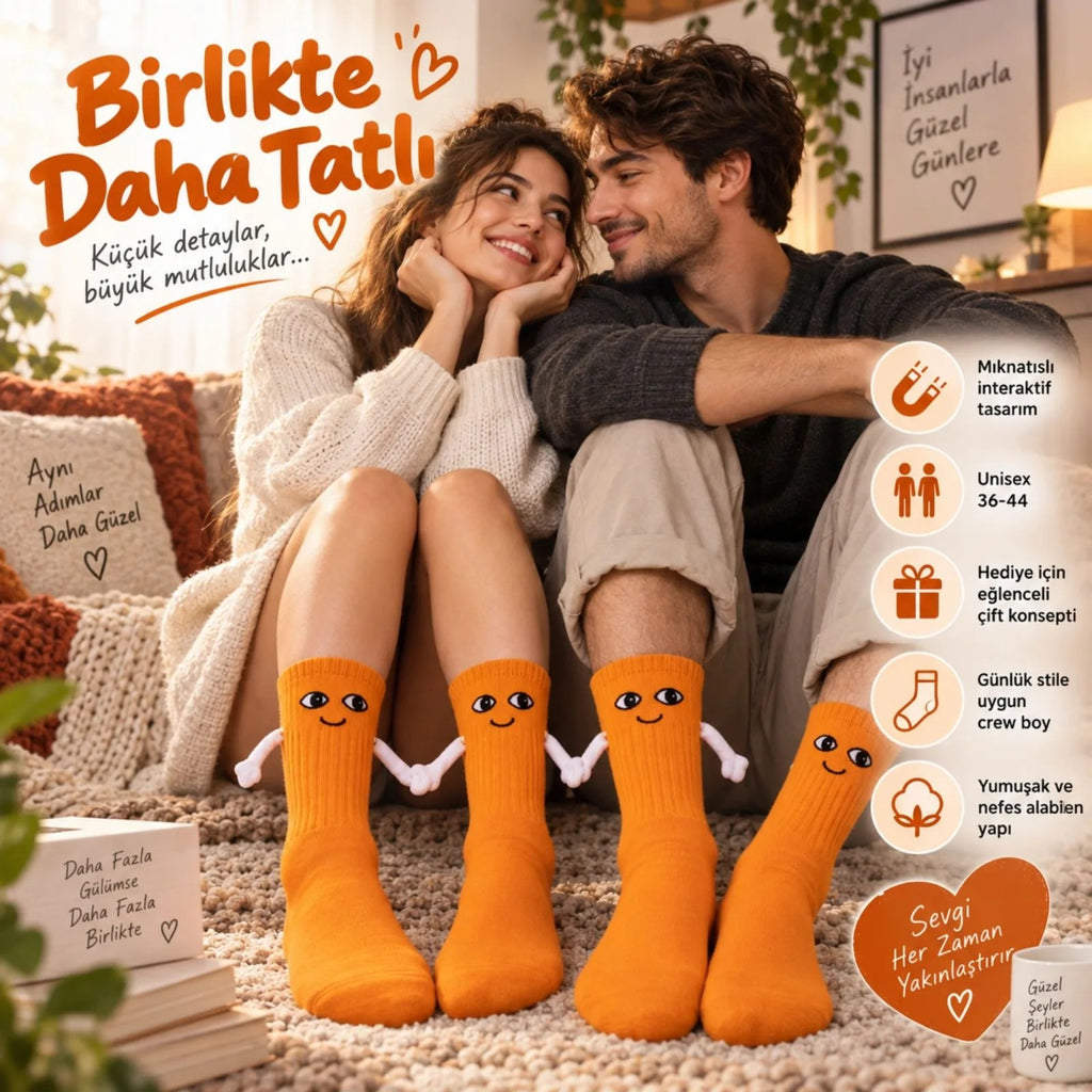 Mıknatıslı El Ele 2'li Unisex Tutuşan Sevimli Çorap 36-44 | Çift Hediyesi, Pamuklu Renkli Crew Model