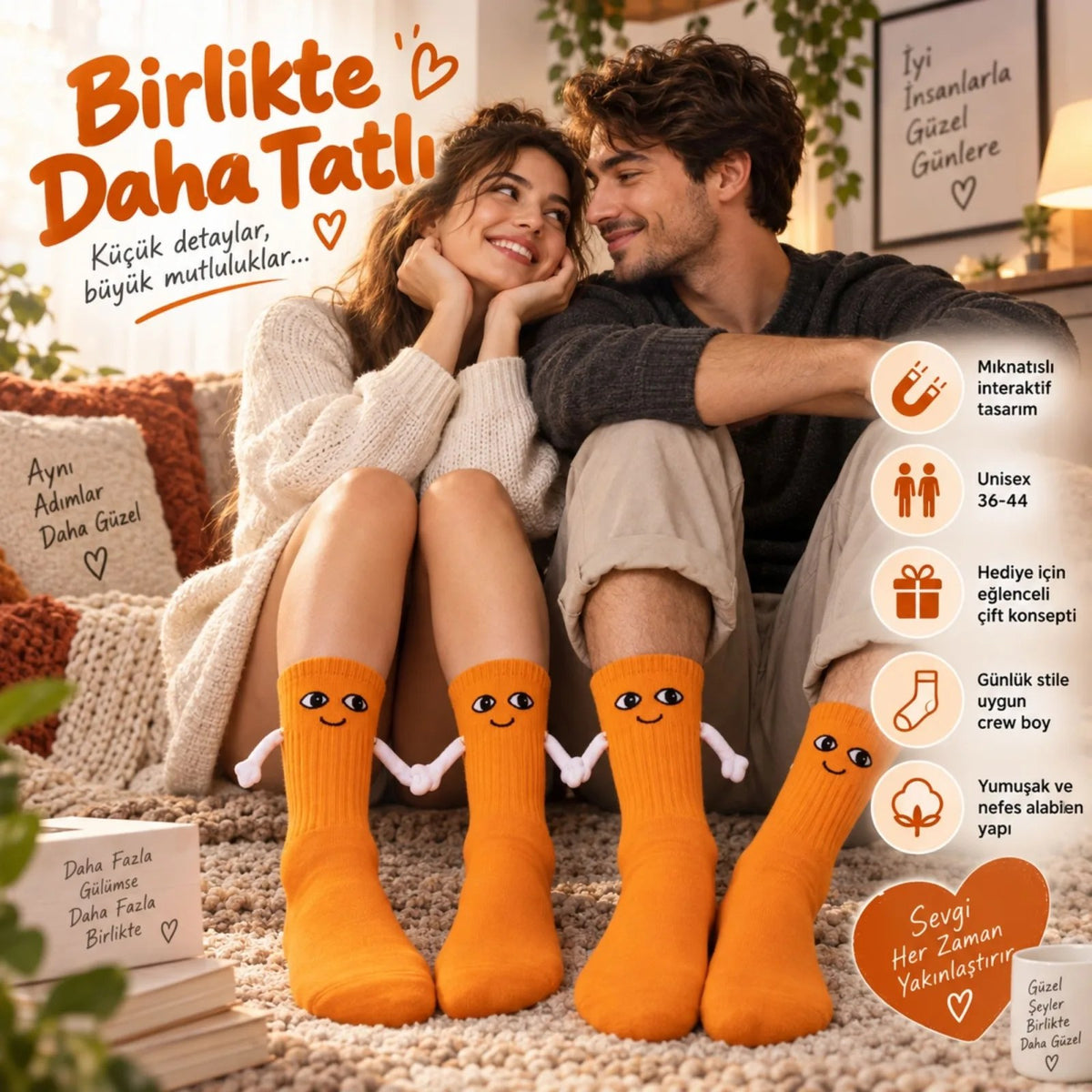 Mıknatıslı El Ele Unisex Tutuşan Sevimli Çorap 36-44 | Çift Hediyesi, Pamuklu Renkli Crew Model