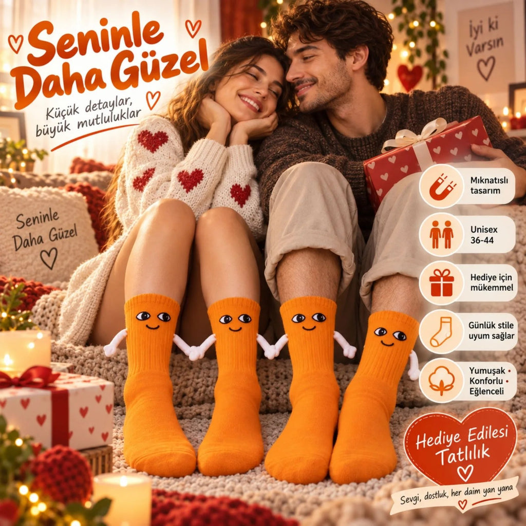 Mıknatıslı El Ele 2'li Unisex Tutuşan Sevimli Çorap 36-44 | Çift Hediyesi, Pamuklu Renkli Crew Model