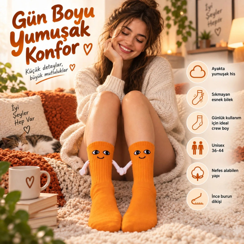 Mıknatıslı El Ele Unisex Tutuşan Sevimli Çorap 36-44 | Çift Hediyesi, Pamuklu Renkli Crew Model