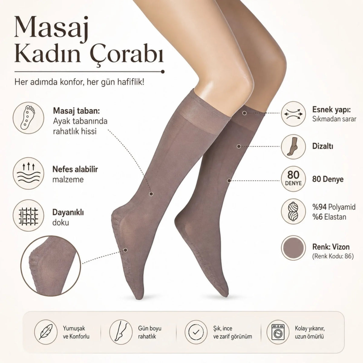 Kadın 6’lı Anne Masaj Tabanlı Dizaltı Çorap 80 Denye Esnek Rahat Günlük Kullanım