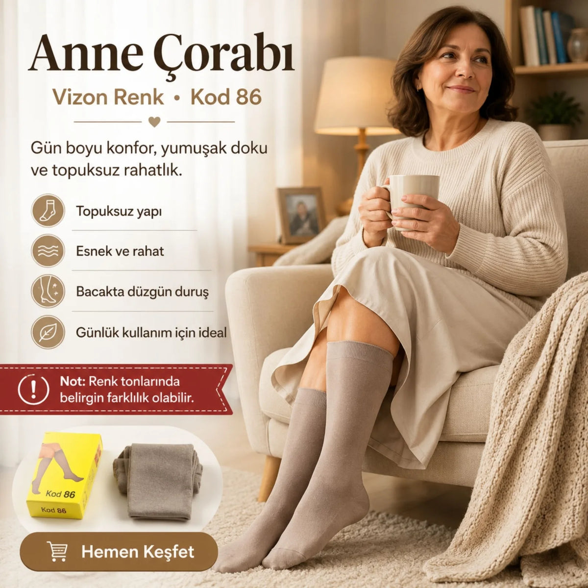 Kadın 40 Denye İnce Anne Çorabı 6'lı | Dizaltı Topuksuz Esnek, Ten Siyah Bronz Vizon