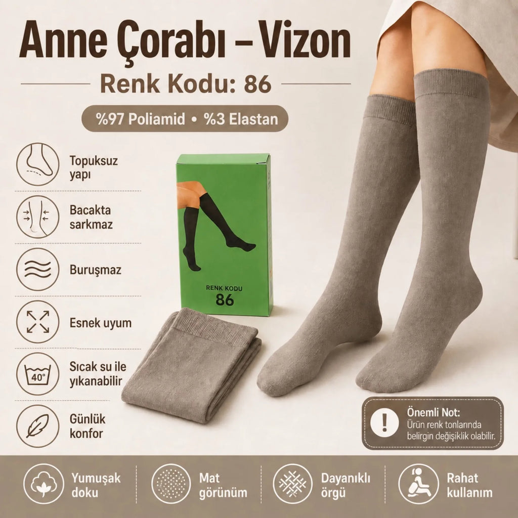 Kadın 70 Denye Kalın Anne Çorabı 12'li | Dizaltı Topuksuz Esnek, Ten Siyah Bronz Vizon