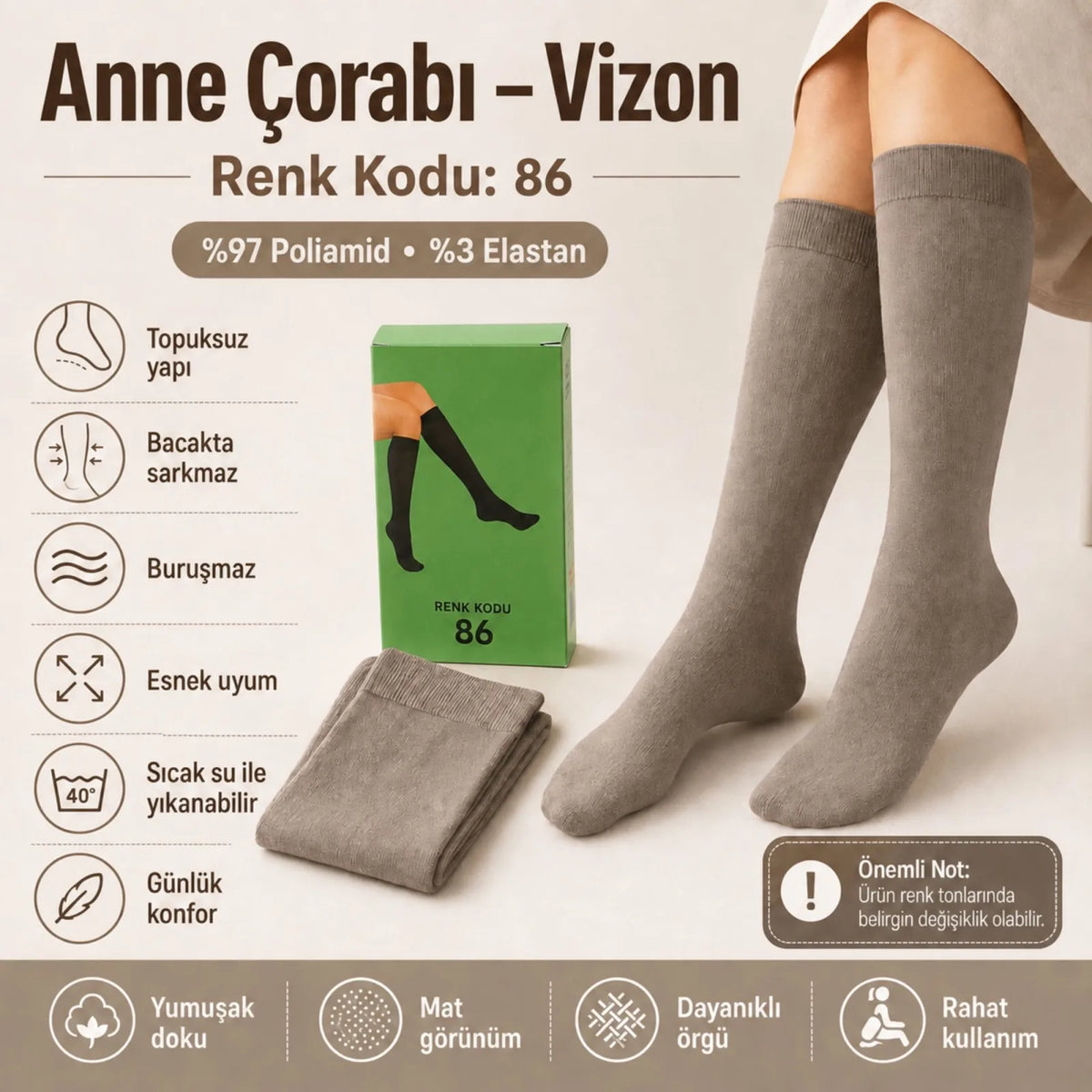 Kadın 70 Denye Kalın Anne Çorabı 6'lı | Dizaltı Topuksuz Esnek, Ten Siyah Bronz Vizon