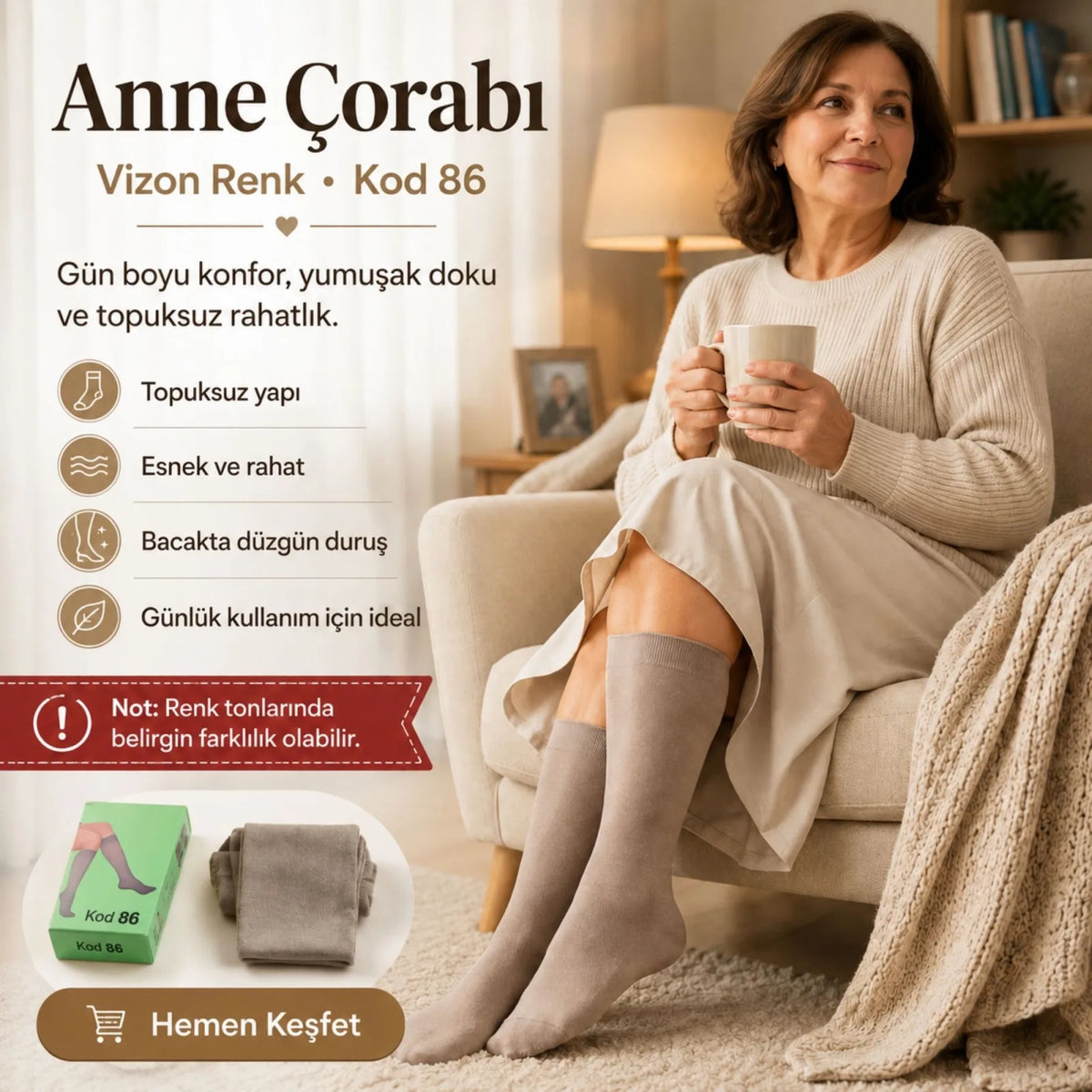 Kadın 70 Denye Kalın Anne Çorabı 12'li | Dizaltı Topuksuz Esnek, Ten Siyah Bronz Vizon