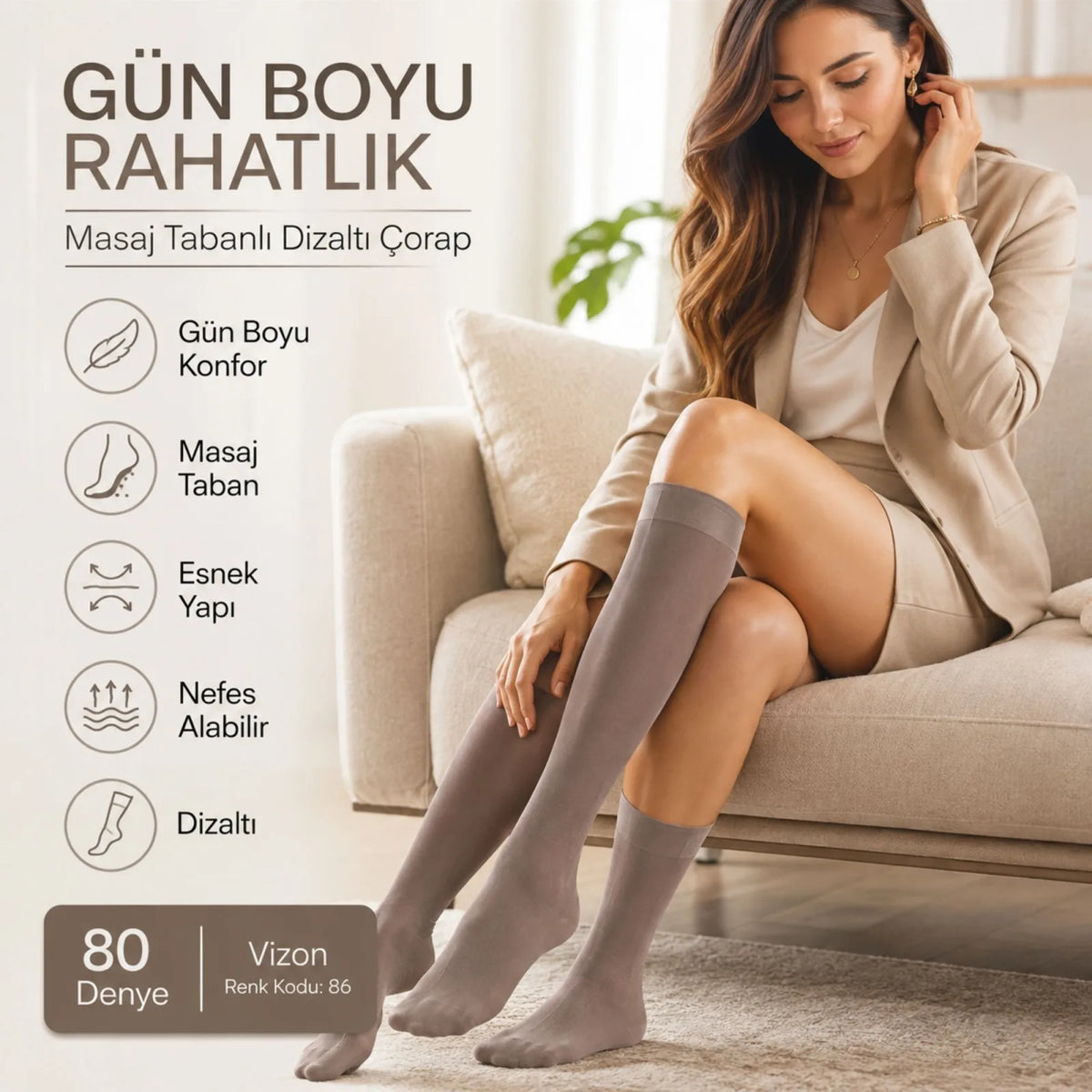 Kadın 6’lı Anne Masaj Tabanlı Dizaltı Çorap 80 Denye Esnek Rahat Günlük Kullanım
