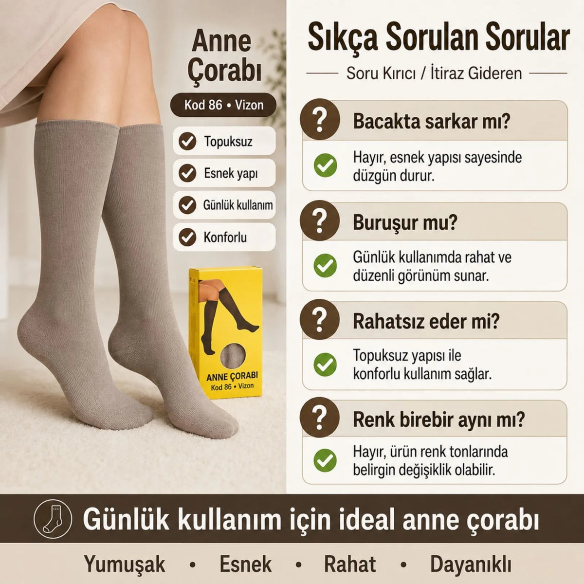 Kadın 40 Denye İnce Anne Çorabı 6'lı | Dizaltı Topuksuz Esnek, Ten Siyah Bronz Vizon
