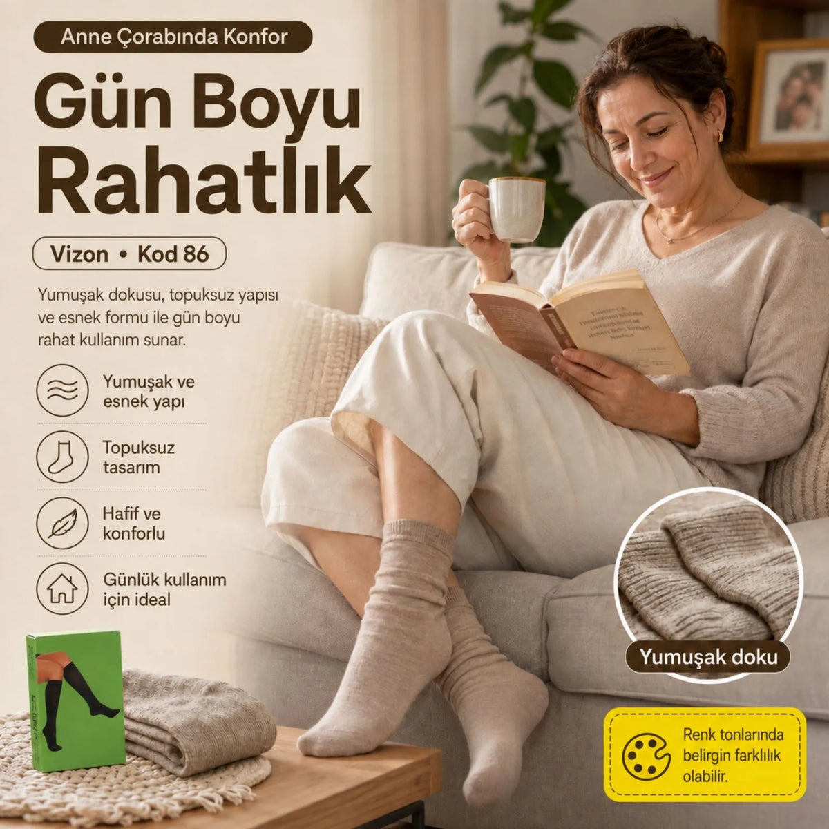 Kadın 70 Denye Kalın Anne Çorabı 6'lı | Dizaltı Topuksuz Esnek, Ten Siyah Bronz Vizon