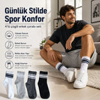 4’lü Çizgili Erkek Spor Çorabı Seti Pamuklu Fitilli Rahat Burunlu Beyaz Gri Siyah