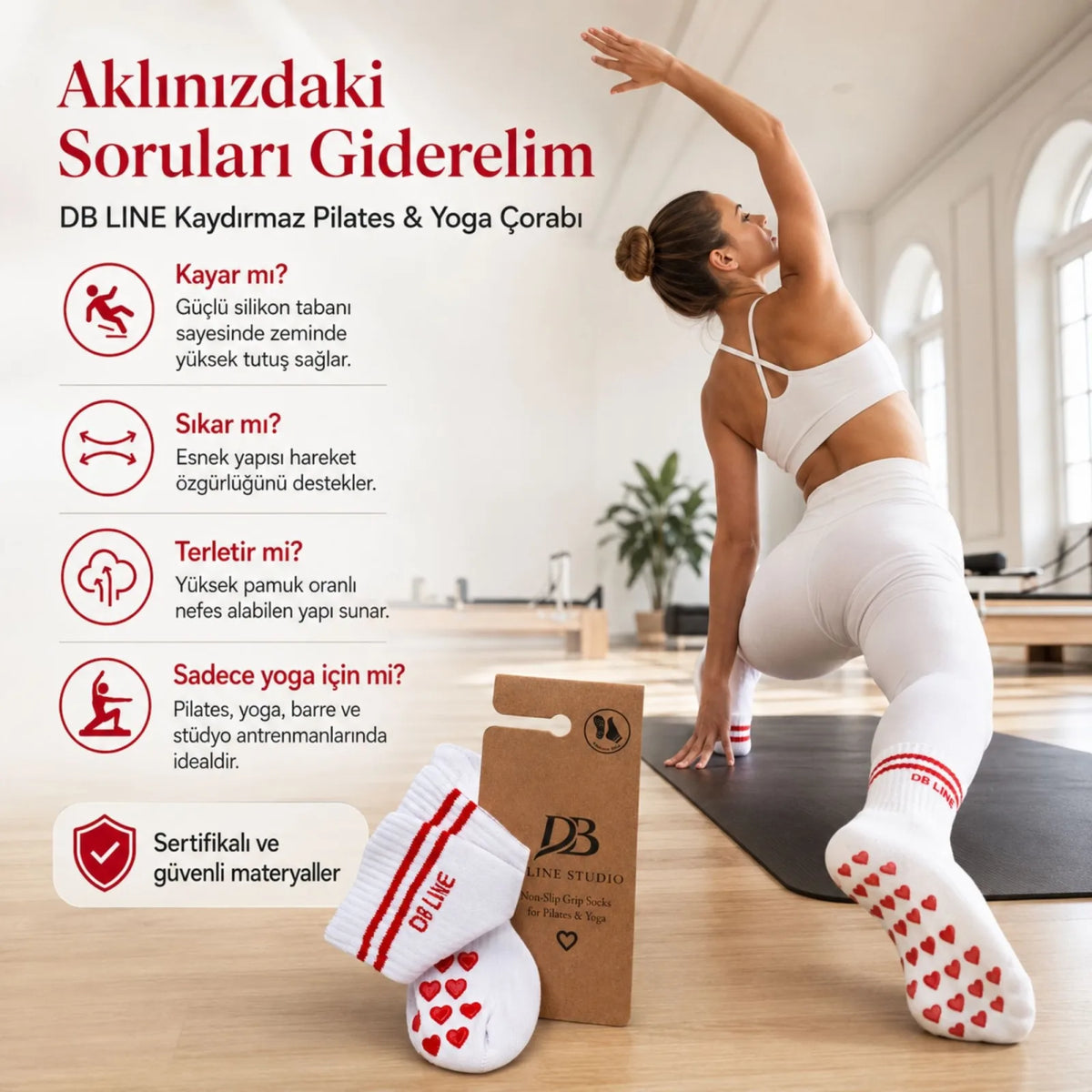 DB LINE Kaydırmaz 8'li Pilates Yoga Çorabı Pamuklu Silikon Tabanlı Barre Stüdyo Spor Çorabı