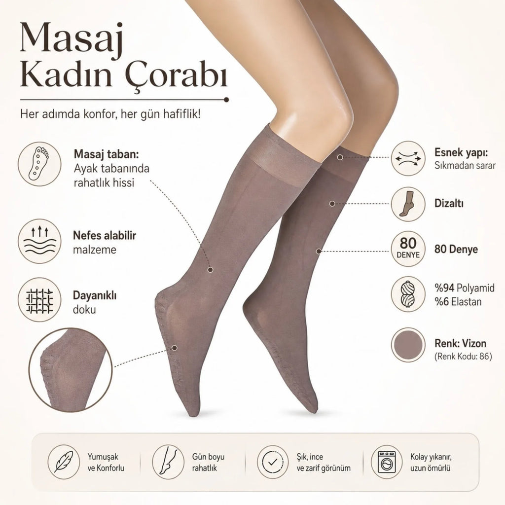 Kadın 8'li Anne Masaj Tabanlı Dizaltı Çorap 80 Denye Esnek Rahat Günlük Kullanım