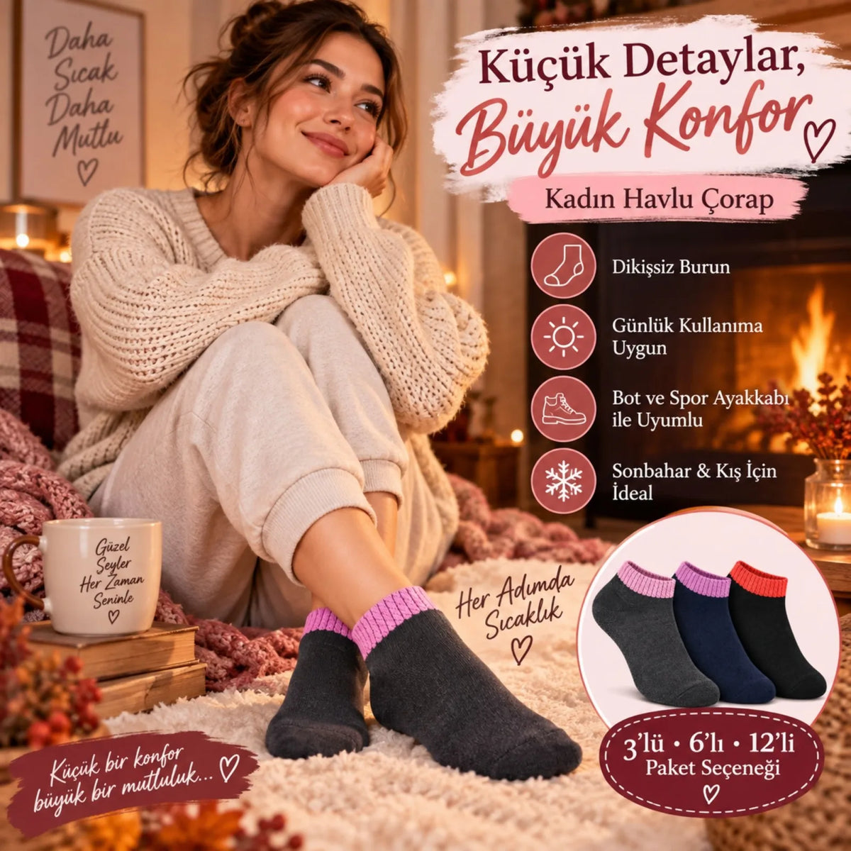 Kadın Havlu 12'li Çorap Kısa Konç Dikişsiz Burun Sıcak Tutan Yumuşak Kışlık Çorap Seti