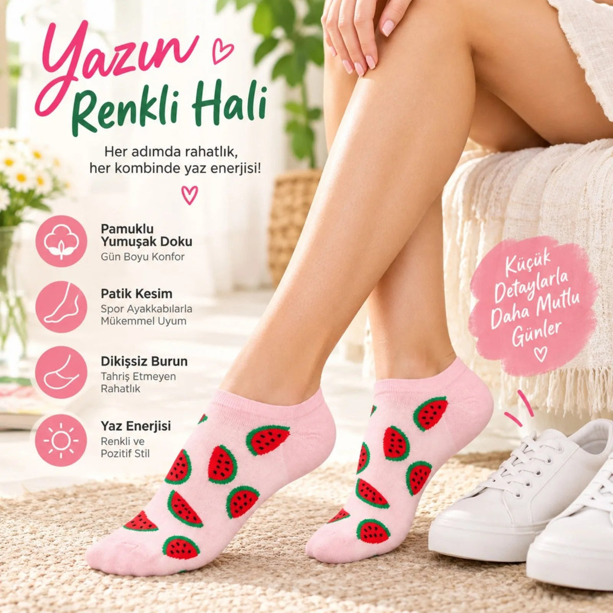 Kadın Karpuz 6'lı Desenli Patik Çorap Pamuklu Dikişsiz Sneaker Uyumlu Eğlenceli Yazlık Set