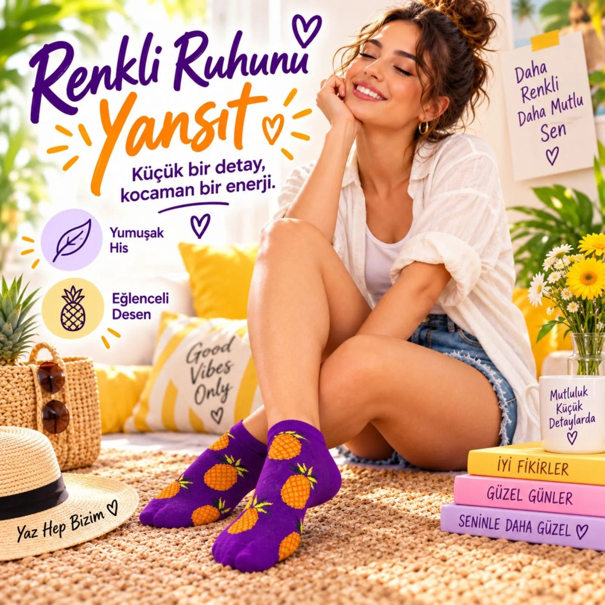 Kadın Mor Ananas Desenli Patik Çorap 6'lı Paket | Renkli, Rahat ve Günlük Kısa Çorap Seti